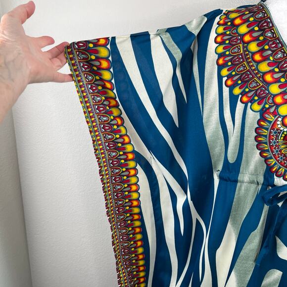 Shoreline Wear Blue Multi Abstract Animal Stripe Cinched Kaftan Midi Dress OS - Picture 8 of 16